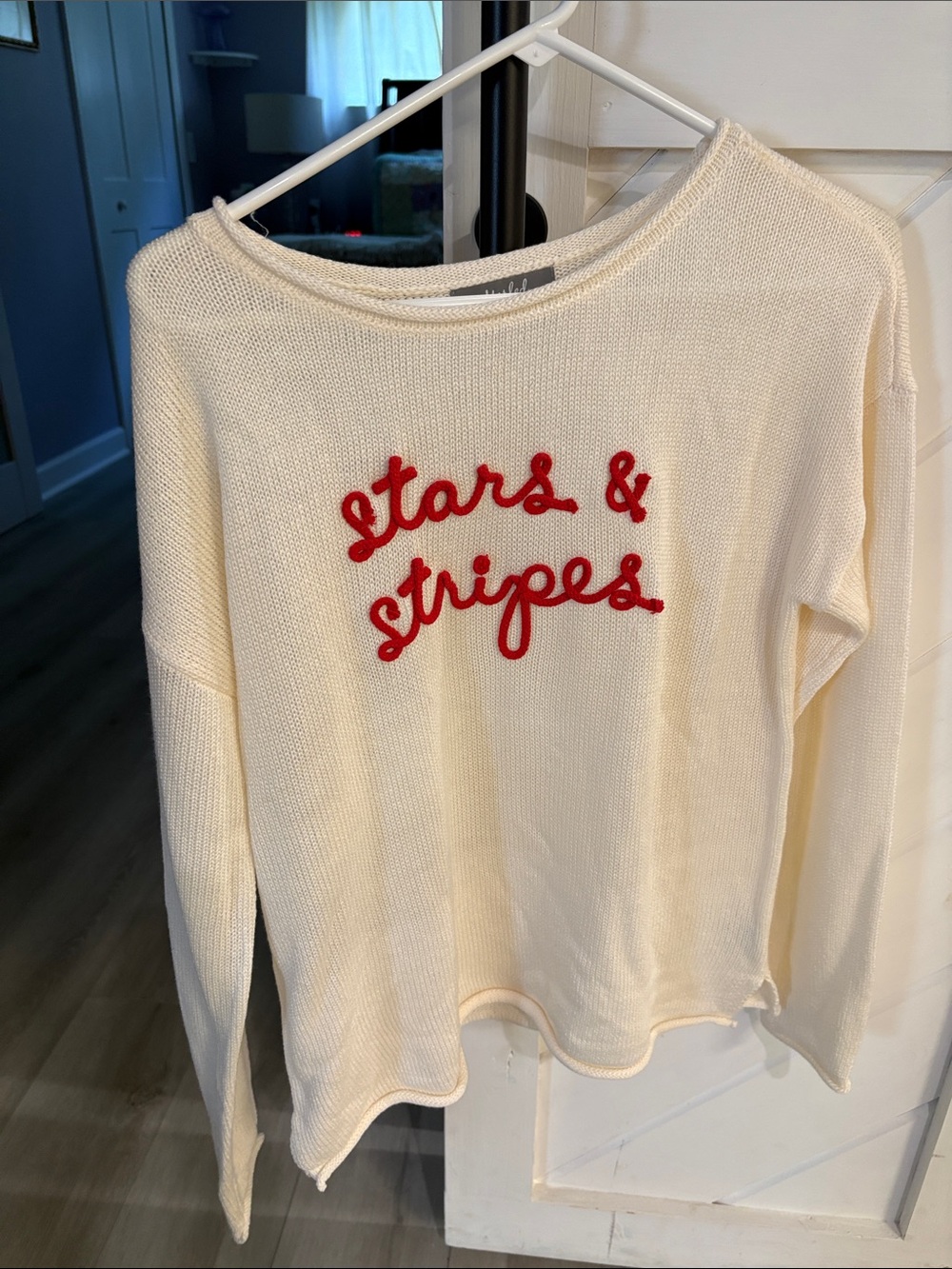 Marled Cream Knit Sweater with Red Script